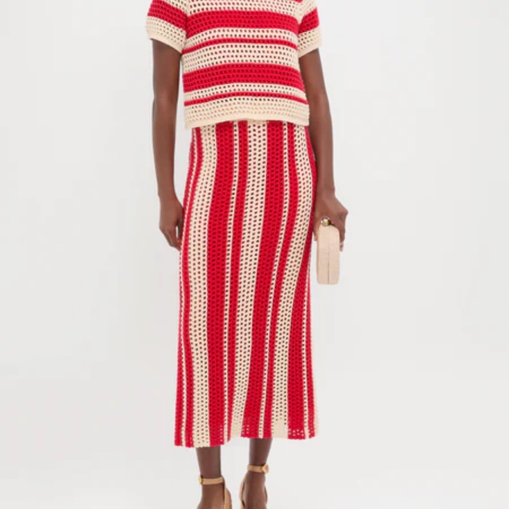 Tuckernuck Cream and Red Crochet Knit Midi Skirt